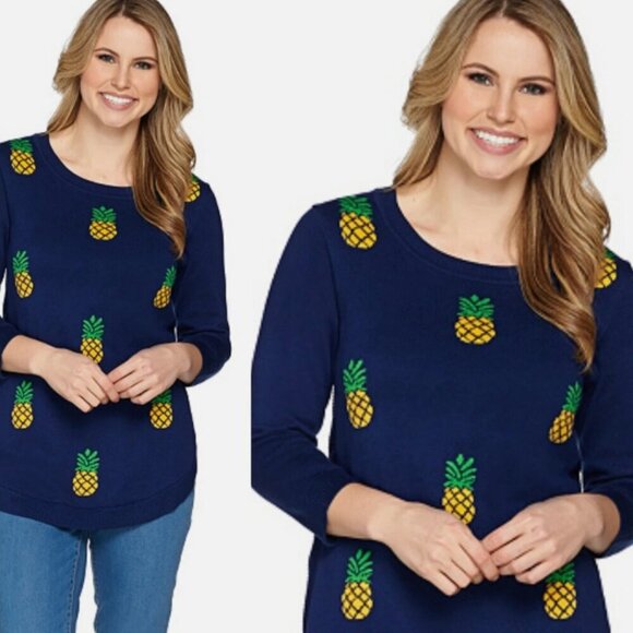 Pineapple Sweater Womens XS Navy Blue Yellow C. Wonder Cotton - Picture 1 of 8